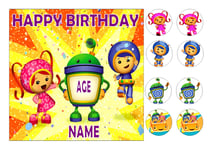 TEAM UMIZOOMI  PERSONALISED SQUARE EDIBLE ICED ICING 7.5 ins + 8 CUPCAKE TOPPERS