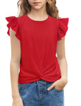 Arshiner T-Shirts Fille Manches Volantes Loisirs été T-Shirts Enfants Mode col Rond Coton Basique Manches Courtes T-Shirt Fille Rouge 150