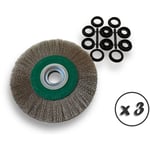 Lot de 3 brosses circulaires inox ø 200 mm Epaisseur 3 rangs Fil souple 0.20 mm ondulé Alésage 32 mm + réducteur bague 25/22/20/16/12 mm Touret