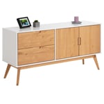 Buffet commode style scandinave 2 tiroirs 2 portes pin massif blanc/bois teinté