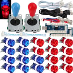 2 Player Arcade Game Stick DIY Kit Buttons with Logo LED 8 Way Joystick USB Encoder Cable Controller for PC MAME Raspberry Pi Red Blue