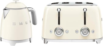 Smeg Mini Kettle & 4 Slice Toaster, 50’s Style Retro, Stainless Steel in Cream