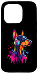 Coque pour iPhone 15 Pro Doberman Lover Pop Art portant des écouteurs drôles Doberman