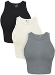 OLCHEE Womens 3 Pack Crop Tank Tops Basic Seamless Ribbed Round High Neck Racerback Workout Top Summer Causal Yoga Gym Shirts, Black + Beige + Light Grey, S