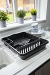 Large Dish Drainer 12 Plates with Two Handy Cutlery Kitchen Storage - Dark Grey