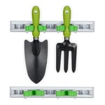 Relaxdays Porte-Outils Mural, Lot de 2, Fixation Balai, Outils de Jardin, 5 Crochets & 2 Pinces, Aluminium, argenté/Vert