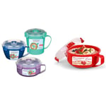 Sistema 3 Pack Soup, Porridge & Noodle Bowl to Go, Assorted Colours & Microwave Breakfast Plastic Bowl | Round Microwave Container with Lid & Steam Release Vent | 850 ml | BPA-Free | Red | 1 Count