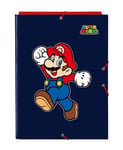 SUPER MARIO WORLD - Classeur Folio avec 3 rabats, idéal pour enfants de différents âges, confortable et polyvalent, qualité et résistance, 26 x 36,5 cm, couleur bleu marine, bleu marine, Estándar,