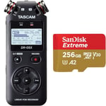 Tascam DR-05X portable audio recorder, usb2.0 & SanDisk 256GB Extreme microSDXC card + SD adapter + RescuePRO Deluxe, up to 190MB/s, with A2 App Performance, UHS-I, Class 10, U3, V30, Black