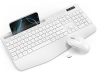 Wireless Keyboard and Mouse Combo, Full-Size Ergonomic Keyboard with Wrist Rest, Phone Holder, Sleep Mode, Silent 2.4GHz Cordless Keyboard Mouse Set for Computer, Laptop, PC, Mac, Windows -White