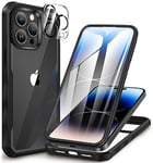 CENHUFO Coque iPhone 14 Pro, avec Protection écran Verre Trempé et Protecteur Caméra [9H Dureté] 360° Antichoc Housse Téléphone Etui Double Face Case Intégrale Coque pour iPhone 14 Pro - Noir