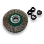 Brosse circulaire inox ø 100 mm Epaisseur 3 rangs Fil dur 0.30 mm ondulé Alésage 16 mm Touret meuleuse affûteuse ponceuse Brossage décapage polissage