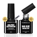 TOMICCA Colle à Faux Ongles et Nail Déshydrateur Set, 6 IN 1 Gummy Base Pose Americaine und Primer Gel, Longue Duré Nail Extend Gel UV/LED Onglerie, 8 ml*2 pcs