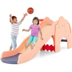 Goplus - Toboggan Enfant 4 en 1 Forme d'Éléphant avec Panier de Basket et Ballon, Zone Tampon, pour Bébé 1,5-4 Ans,Charge 50KG, Rose