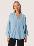 Soaked In Luxury Friday Oversized V-Notch Neck Blouse, Medium Blue Denim