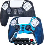 Points Housse Coques Autocollants En Silicone Skin Cover Pour Ps5 Dualsense Manette (Noir + Bleu Camouflage) X 2 Avec Prises De Pouce X 10