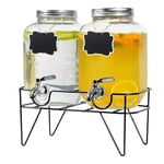 Hisredsun 2 x 4L Distributeur De Boissons En Verre, Distributeur D'eau Et De Jus De Fruits En Verre Avec Support En Métal, Pichet D'eau Avec Robinet Parfait Pour Les Fêtes,Mariages,Anniversaires