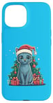 Coque pour iPhone 15 Chat de Noël avec bonnet de Noël - Chat bleu russe