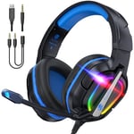 Fachixy「2024 Nouveau」FC-200 Casque de Jeu Pliable pour PS4/PS5/PC/Xbox/Nintendo Switch, Casque PS5 avec Micro ENC, Casque de Jeu 3,5 mm avec lumière RGB - RGB Noir Bleu