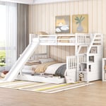 Lit superposé enfant 90 x 200 sur 140 x 200 avec tiroirs, rangement et toboggan, multifonction, Blanc - Sunfecili