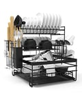 TONGKTAI Dish Drainer Rack, 3 Tier Drain Board Rack with Drip Tray, Detachable Stainless Steel Dish Drying Rack for Kitchen Countertop or Sink, Black