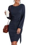 Hotouch Robe Pull Femme Elégant Robe Tricoté Manche Longue Robe Automne Hiver Casual Tunique Jupe Robe Moulante Slim avec Ceinture Chic Lilas Bleu M