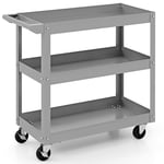 COSTWAY 3 Tiers Tool Trolley, Heavy Duty Service Cart with Handle and Lockable Wheels, Rolling Workshop DIY Storage Trolley for Garage Restaurant Kitchen (1 Flat Handle, Grey)