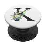 Initial K Letter Floral Monogram Black on White - K PopSockets Grip and Stand for Phones and Tablets PopSockets Adhesive PopGrip