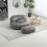 Fortuna Lai - Fauteuil poire confortable, avec pouf pour adultes et enfants, en fausse fourrure, fauteuil paresseux pour salon, chambre, gris