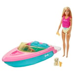 Barbie Mobilier Bateau pouvant Transporter 3 poupées avec Gilet de Sauvetage, Figurine Chiot, 2 Verres et Une poupée Incluse, Jouet pour Enfant, GRG30