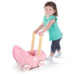 Kids Wooden Push Along Pink Princess Doll Pram Pink Pram for Toddlers