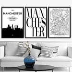 Artze Wall Art Manchester Skyline Street Map City Prints Lot de 3 impressions Noir/blanc 30 x 40 cm