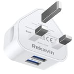 USB Plug Charger,Rekavin Dual Port USB Wall Plug Adapter UK Compact Mains Charge 2.1A with Smart IC Fast Charging Technology for iPhone 11 Xs/XS Max/XR/X/8/7/6/Plus,iPad Pro/Air 2/Mini 4 etc