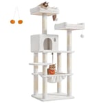 Feandrea Arbre à Chat Hauteur 143 cm, Tour de Jeux pour Chat, avec 11 Poteaux à Griffer, 2 Plateformes, 1 Niche, 1 Hamac, 2 Pompons, en Tissu Peluche, Plusieurs Niveaux, Blanc Crème PCT015W02