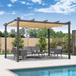 PURPLE LEAF Pergola Aluminium 4 x 3,2 m Tissu Teint en Fil, Pergola pour Terrasse Extérieur, Pergola Jardin Extérieur Toit Coulissante, Pavillon de Jardin, Kaki