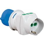 Adaptateur industriel fiche : 2P + T 16 A CEE Bleu – IP44. Prise : 2 x 2P + T 16 A By-pass 1 x 2P + T 16 A Schuko.