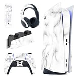 PlayVital Seamless White Marble Full Set Skin Decal for ps5 Console Disc Edition, Sticker Vinyl Decal Cover for ps5 Controller & Charging Station & Headset & Media Remote