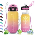 Vikaster VC-TY-SHXZG-500ML-JB-Yellow-Pink, Gourde avec Paille 500ml/1500ml, sans BPA, Étanche & Réutilisable, Bouteille Enfant Ouvrir en Un Clic Unisex-Youth, Jaune rose-500ml, 500ml