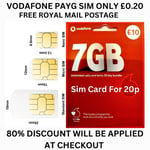 VODAFONE Sim Card £10 Pack 7GB Data Pay As You Go PAYG STANDARD MICRO NANO UK