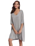 Irdcomps Chemise de Nuit Femme Coton Chemises de Nuit Grande Taille Robe de Nuit à Manches Courte Vêtements de Nuit Ete Col en V Nightie Sleep Nightgown Couleur Unie Loose Casual Stylish Gris L