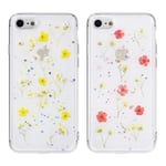 EYZUTAK 2 Pack Dried Flower Case for iPhone SE(5G) 2022 iPhone 7 iPhone 8 iPhone SE 2020, Bling Glitter Sequin Shockproof Clear Floral Pattern Silicone Gel Back Cover Protective Case - Yellow & Pink