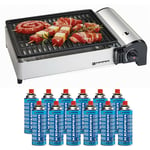 Barbecue à gaz 1900W Kemper Grille anti adhesive + 12 Cartouches gaz camping - grey