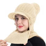 Rayson Bonnet Femme Hiver Doublé Polaire avec Pompon Tricoté Chapeau Chaud et Chic Bonnet Cagoule Femme Cache Cou Protege Oreilles 3 in 1(Beige, Taille Unique)