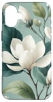 Coque pour iPhone 16 Plus Fleurs de magnolia avec fond bleu sarcelle subtil