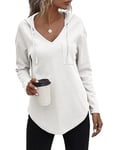 Cuptacc Tee Shirt Manche Longue Femme Pull Long Col V T-Shirts à Manches Longues Chic Blanc,XL 46-48