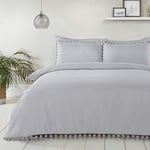 Sleepdown 5056242749370 Parure de lit Luxueuse avec Housse de Couette et taie d'oreiller à Pompons-1 Place (135 x 200 cm) -Argenté, Polyester, Simple
