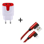 Pack Pour Iphone Xs Lightning (Cable 90 Degres Fast Charge + Double Prise Secteur Couleur) - Rouge