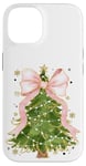 Coque pour iPhone 14 Coquette rose avec nœud en ruban et sapin de Noël vert pour fille