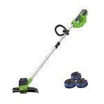 Greenworks Coupe-bordures sans fil à batterie G40LT avec 3 bobines double-fil (Li-Ion 40 V tête de moteur tournante et inclinable entraînement en aluminium sans batterie ni chargeur)