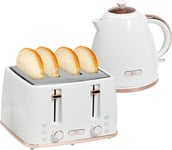 White Kettle 4 Slice Toaster Set Rapid Boil 3000W Glossy Honeycomb Rose Gold Rim